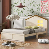 ZUN Twin Size Wood Platform Bed with House-shaped Headboard and Built-in LED, Walnut+Milk White WF314523AAD