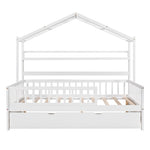 ZUN Wooden Full Size House Bed with Twin Size Trundle,Kids Bed with Shelf, White WF301683AAK