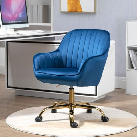 ZUN 360&deg; Dark Blue Velvet Swivel Chair With High Back, Adjustable Working Chair With Golden Color Base W116472782