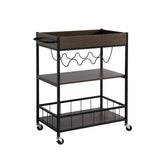 ZUN Rolling Kitchen Cart with Three Tiers and Four Wine Bottle Rack - Brown and Black Metal B107131418