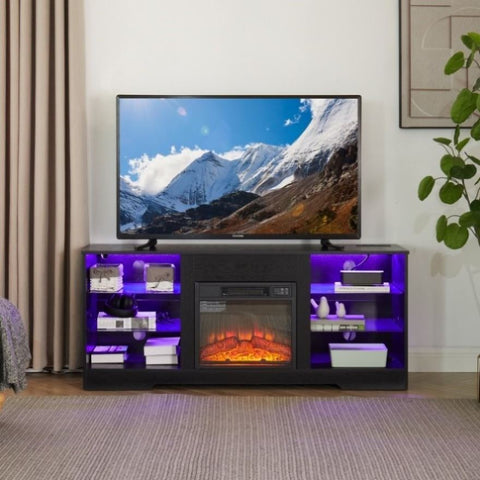 ZUN TV Stand Electric Fireplace TV Stand Glass Shelves, 3D Fireplace TV Stand LED Lights Wood W2275P149867