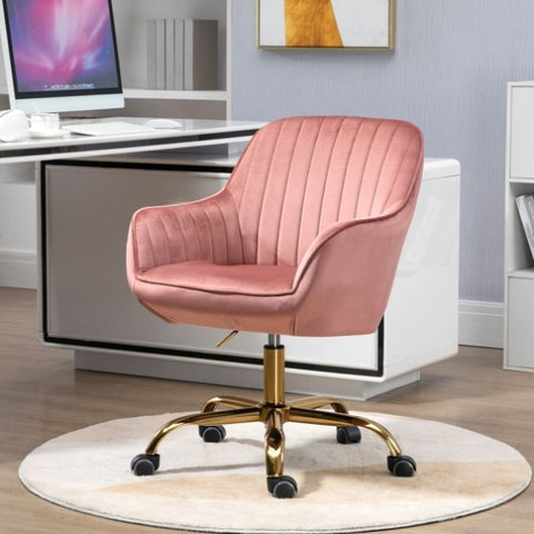 ZUN 360&deg; Pink Velvet Swivel Chair With High Back, Adjustable Working Chair With Golden Color Base W116472784
