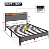 ZUN Queen Size Bed Frame with Charging Station, Upholstered Headboard, Metal Platform, Grey W1960131346