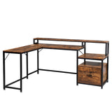 ZUN FCH Retro Wood Grain Triamine Surface Particleboard Black Iron Pipe L-shaped Shelf with File Drawer 36309812