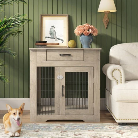 ZUN Furniture Style Dog Crate End Table with Drawer, Pet Kennels with Double Doors, Dog House Indoor W116240714