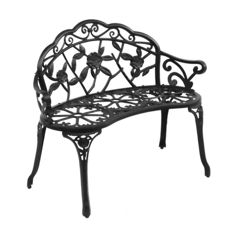 ZUN Outdoor Cast Aluminum Patio Bench, Porch Bench Chair with Curved Legs Rose Pattern, Black 01485098