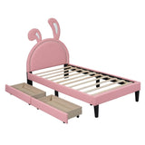 ZUN Twin Size Upholstered Leather Platform Bed with Rabbit Ornament and 2 Drawers, Pink WF309148AAH