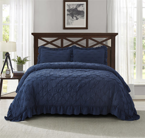 ZUN 3 Piece Lace Ruffled Embroidered French Pastoral Style Comforter Set-Navy 63302525