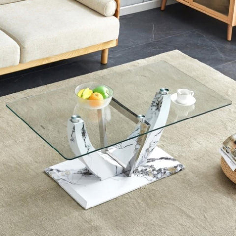 ZUN Modern minimalist transparent tempered glass coffee table with marble patterned MDF legs and W1151P152769