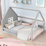 ZUN Full Size Wood House Bed with Window and Fence, Gray WF304147AAE
