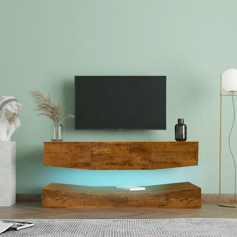 ZUN MDF UP And Down WALL-MOUNTED TV Cabinet With Three Drawers & LED Lights,Walnut 52125804