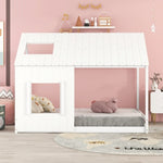 ZUN Full Size House Bed with Roof and Window - White WF296898AAK