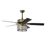 ZUN 52inch Antique Bronze Metal 3 Lights Crystal Ceiling Fan with 5 Wood Blades, Two-color fan blade, AC W1592P152766