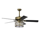 ZUN 52inch Antique Bronze Metal 3 Lights Crystal Ceiling Fan with 5 Wood Blades, Two-color fan blade, AC W1592P152766