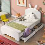 ZUN Twin Size Upholstered Platform Bed with Cartoon Ears Shaped Headboard and 2 Drawers, White WF309760AAK