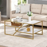 ZUN Golden Coffee Table with Storage Shelf, Tempered Glass Coffee Table with Metal Frame for Living W82151003