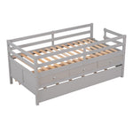 ZUN Low Loft Bed Twin Size with Full Safety Fence, Climbing ladder, Storage Drawers and Trundle Gray WF296596AAE