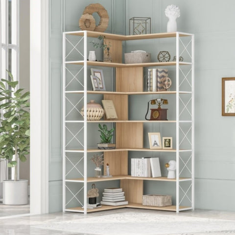 ZUN 7-Tier Bookcase Home Office Bookshelf, L-Shaped Corner Bookcase with Metal Frame, Industrial Style WF290123AAO