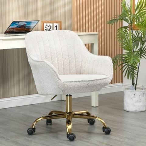 ZUN 360&deg; Beige Boucle Fabric Swivel Chair With High Back, Adjustable Working Chair With Golden Color W1164124529