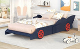 ZUN Twin Size Race Car-Shaped Platform Bed with Wheels,Blue+Red WF294534AAJ