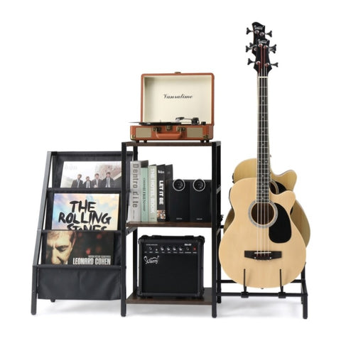 ZUN Multifunction Guitar Stand with 2-Tier for Acoustic, Electric Guitar, Bass and 3-Tier Vinyl Record 87358379
