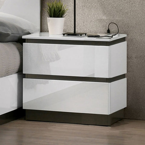 ZUN Contemporary 1pc Nightstand White Color High Gloss Finish w/ Metallic Accents Bedside Table w USB B011P158089