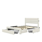 ZUN Queen Size Bed Frame with Drawers Storage, Leather Upholstered Platform Bed with Charging W1580113786