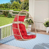 ZUN Outdoor Garden Rattan Egg Swing Chair Hanging Chair Wood+Red cushion W87470735