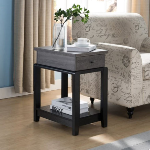 ZUN Sofa Side Table, Home Contemporary Table with Drawer and Bottom Shelf in Distressed Grey & Black B107130838