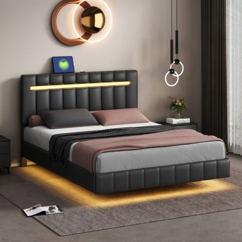 ZUN Queen Size Floating Bed Frame with LED Lights and USB Charging,Modern Upholstered Platform LED Bed WF309338AAB