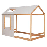 ZUN Twin Size House Platform with Roof and Window , Natural+Antique White WF294130AAM
