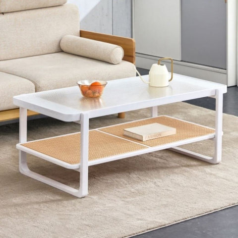 ZUN Modern minimalist white double layered solid wood coffee table. Glass tabletop, imitation rattan W1151134809