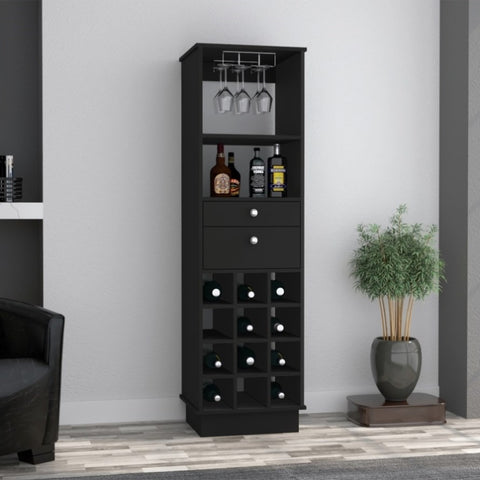 ZUN Pierpont 12-Bottle 2-Drawer 1-Shelf Bar Cabinet Black Wengue B06280194