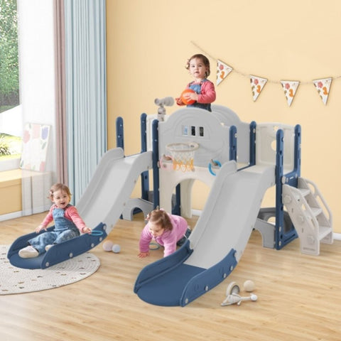 ZUN Kids Slide Playset Structure 7 in 1, Freestanding Spaceship Set with Slide, Arch Tunnel, Ring Toss PP322884AAC