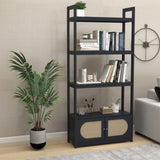 ZUN Woven Cane 4-tier Bookshelf Storage Rack Shelves with 2 Doors Wooden Freestanding Bookcases-black W112049873