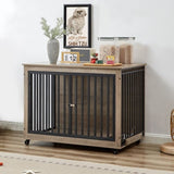 ZUN Furniture Style Dog Crate Side Table With Feeding Bowl, Wheels, Three Doors, Flip-Up Top Opening. W1820106186