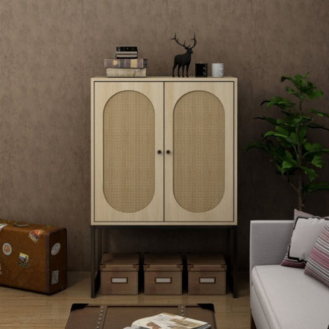 ZUN Allen 2 Door high cabinet, rattan, Built-in adjustable shelf, Easy Assembly, Free Standing Cabinet W68837257