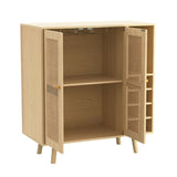 ZUN Coda Boho Mid-Century Modern Bar Cabinet with Woven Rattan Doors front Open Shelf Storage, and wine B06481173