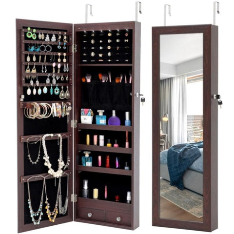 ZUN Fashion Simple Jewelry Storage Mirror Cabinet With LED Lights Can Be Hung On The Door Or Wall W40718043