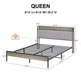 ZUN Bed frame with charging station Queen size,Grey, 87.8'' L x 61.8'' W x 39.2'' H. W1162123746