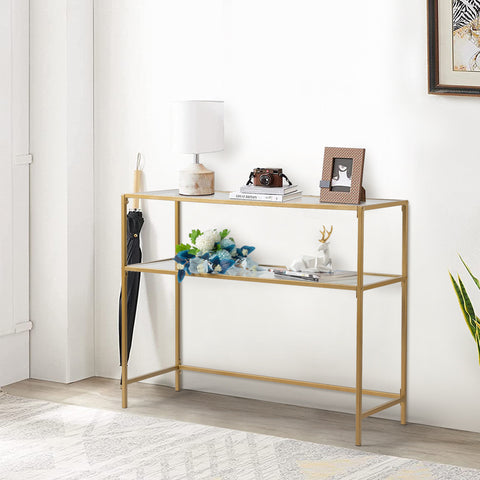 ZUN 39.4" Console Sofa Table, Modern Entryway Table, Tempered Glass Table, Metal Frame, 2 Shelves, for 24275649