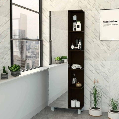 ZUN Portland 5-Shelf Linen Cabinet with Mirror Black Wengue B06280255