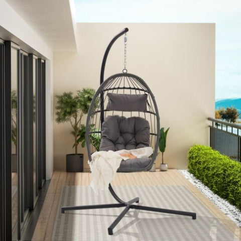ZUN Outdoor Garden Rattan Egg Swing Chair Hanging Chair Light Gray Cushion W874126284