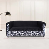 ZUN Black Velvet Sofa with Zebra Print, Modern 3-Seater Sofas Couches for Living Room, Bedroom, Office, B124142413