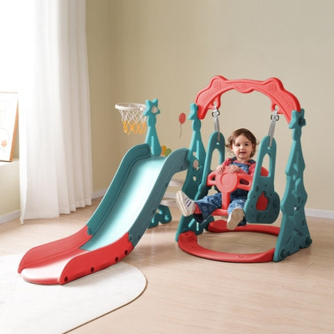 ZUN Toddler Slide and Swing Set 3 in 1, Kids Playground Climber Swing Playset with Basketball Hoops PP322877AAJ