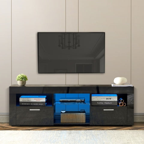 ZUN Black morden TV Stand with LED Lights,high glossy front TV Cabinet,can be assembled in Lounge Room, W67936013