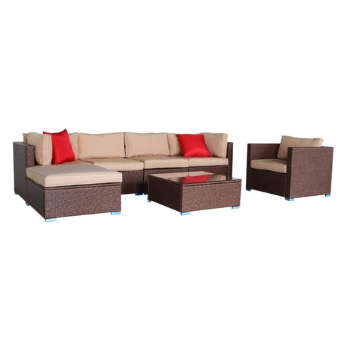ZUN 7 Pieces Wood Grain Patio PE Wicker Rattan Corner Sofa Set 38435070