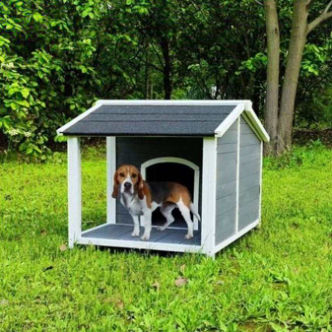 ZUN Large Outdoor Wooden Dog House, Waterproof Dog Cage, Windproof and Warm Dog Kennel with Porch Deck W77332683