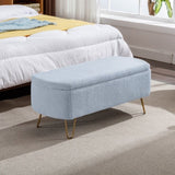 ZUN Blue Storage Ottoman Bench for End of Bed Gold Legs, Modern Grey Faux Fur Entryway Bench Upholstered W1170104171