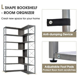 ZUN Silver+Grey 7-Tier Bookcase Home Office Bookshelf, L-Shaped Corner Bookcase with Metal Frame, WF296291AAD